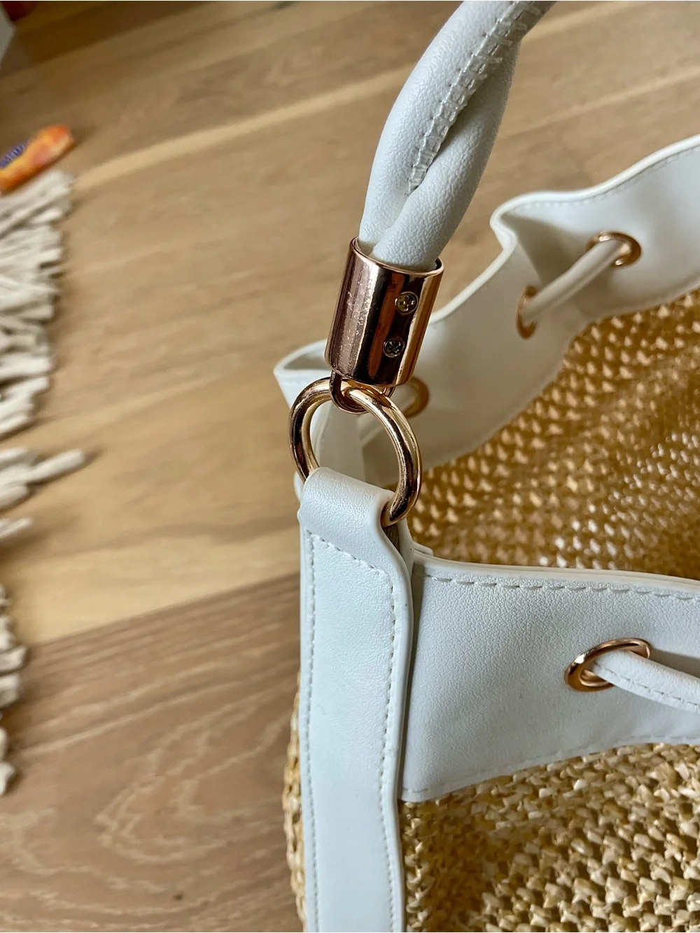 Saks Fifth Avenue White and Natural Woven Drawstring Bucket Bag
